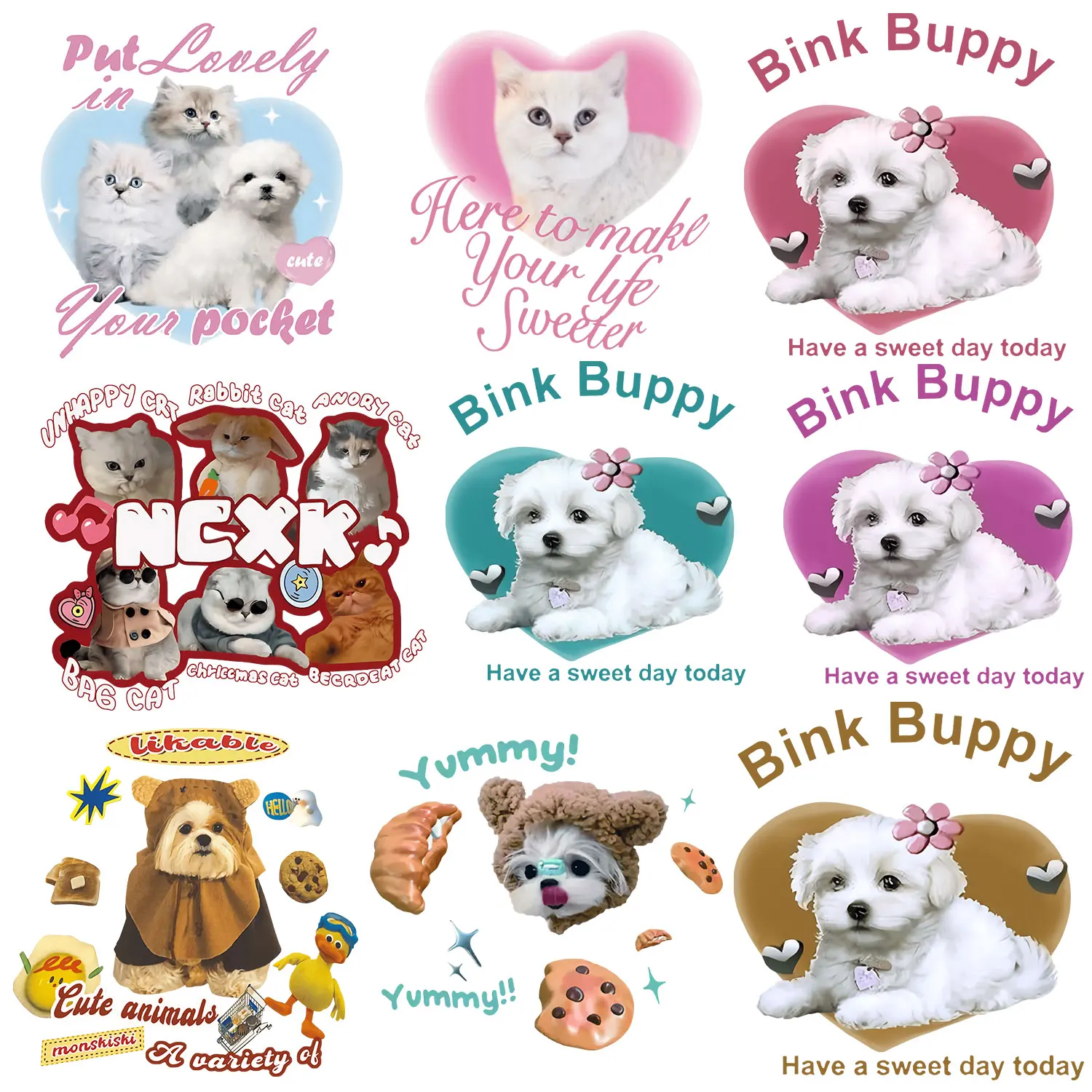 Cute Cat Dog Yummy Sweet Love Cartoon Animal Sticker Iron on Decal Patch for Cloth Playful Strong viscosity DIY Decoration