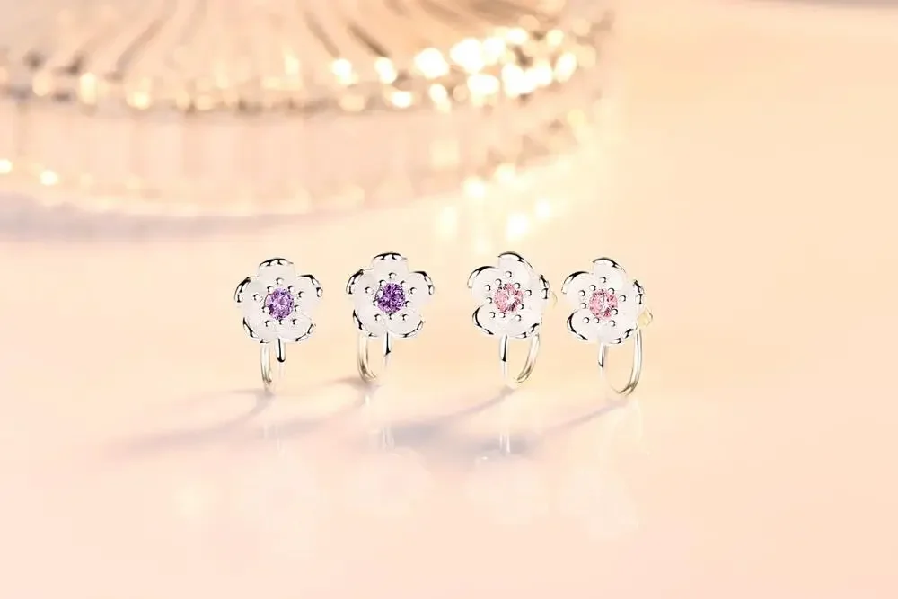 Crystal Cherry Blossom Clip-On Earrings - 925 Silver No-Piercing Floral Jewelry for Girls