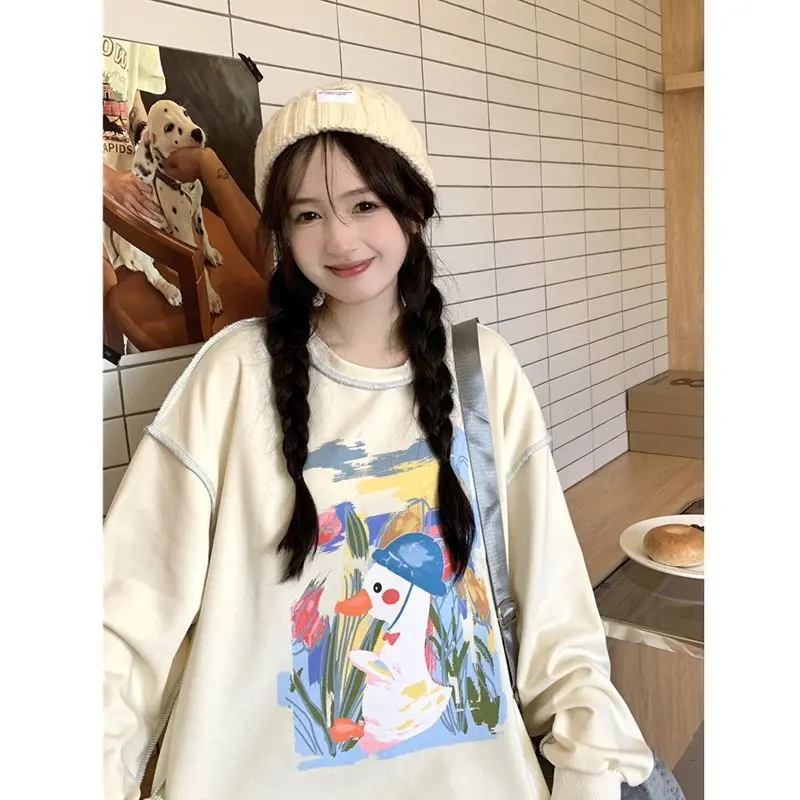 Y2k Kawaii Cute Duck Print O Neck Hoodies Spring Patchwork Women Long Sleeve Tops Japanese Sweet Contrast Color Sweatshirts
