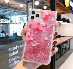 Pink Flower Butterfly Clear Liquid Glitter Quicksand Bling Case for Redmi 15 (Big flower)