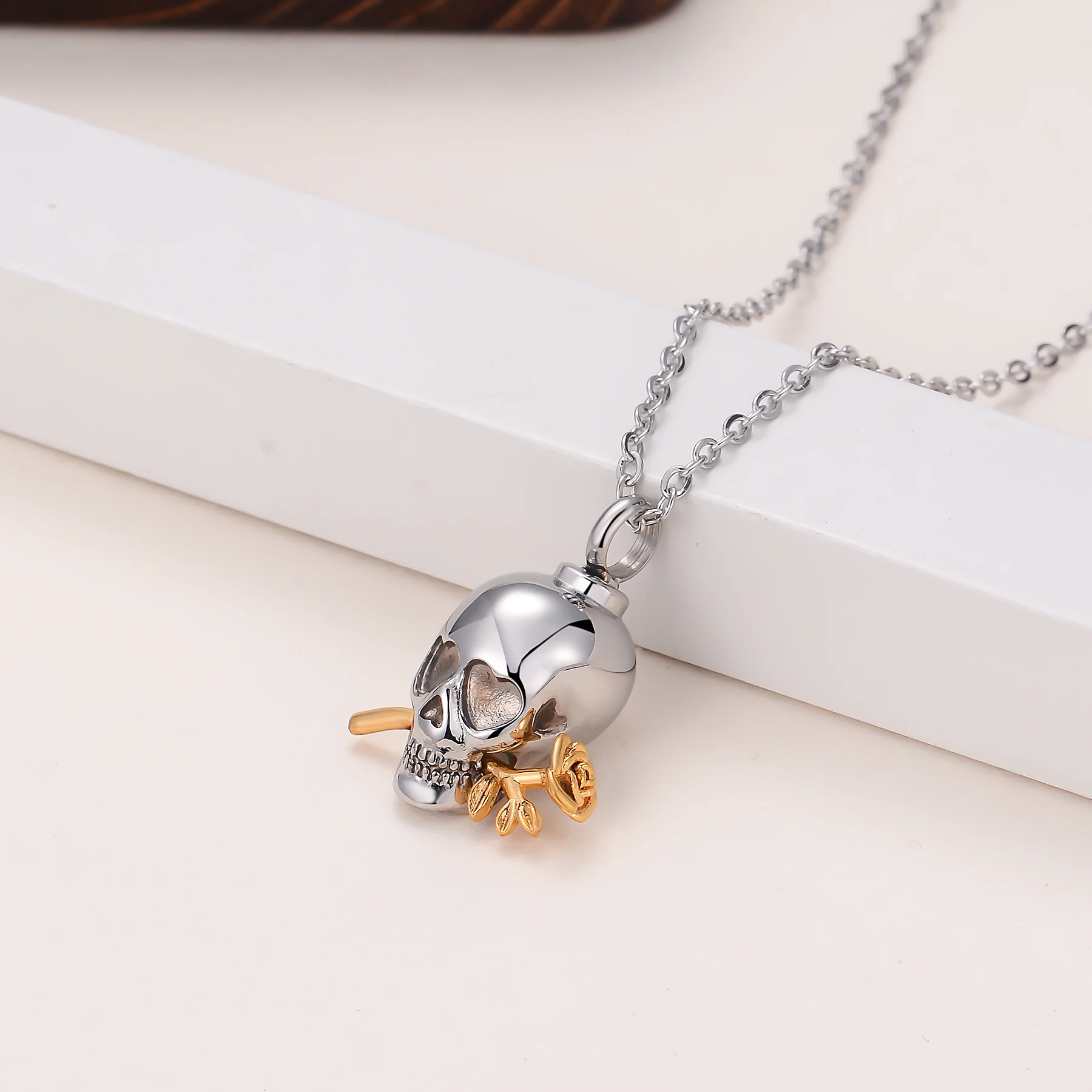 Punk Stainless Steel Skull with Rose Urn Necklace Memorial Pet Human Ashes Cremation Jewelry Charms Keepsake 6