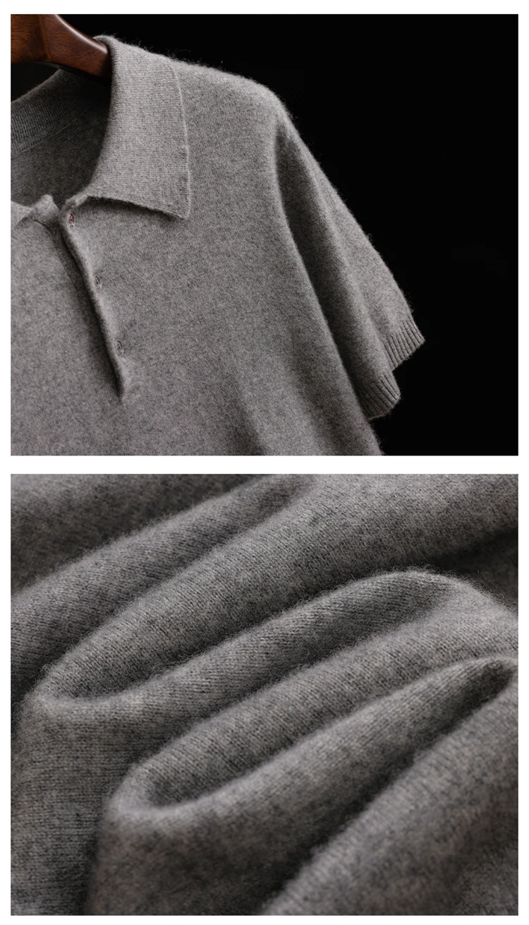 قميص بولو رجالي قصير الأكمام من الكشمير 100٪ للأعمال والملابس غير الرسمية، سترة للربيع والصيف