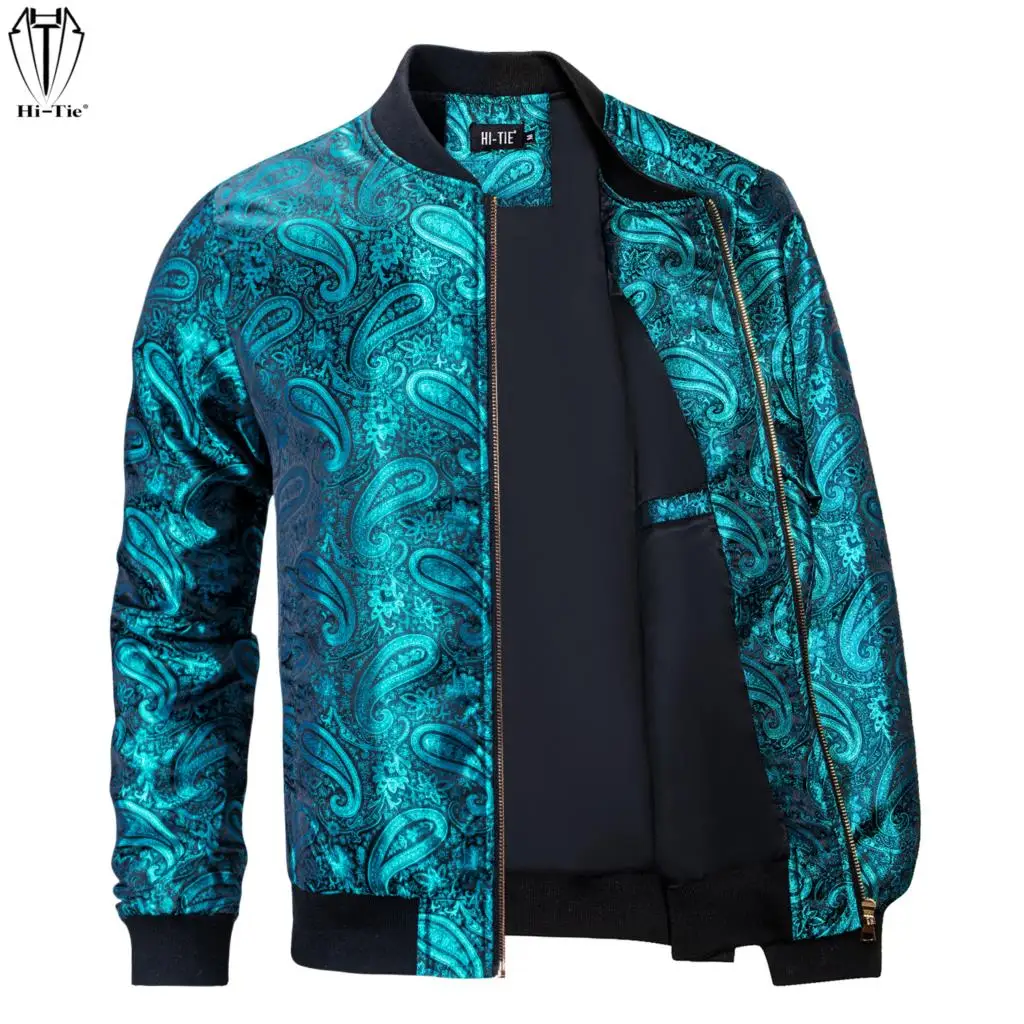 Hi-Tie Jacquard Paisley Mens Jacket Zipper Coat Lightweight Bomber Sportswear Streetwear Windbreaker Golf Baseball Uniform Cloth
