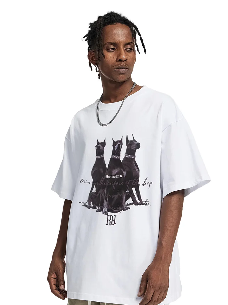 Summer Doberman Print American High Street T-shirts Cotton Short Sleeves for Men and Women