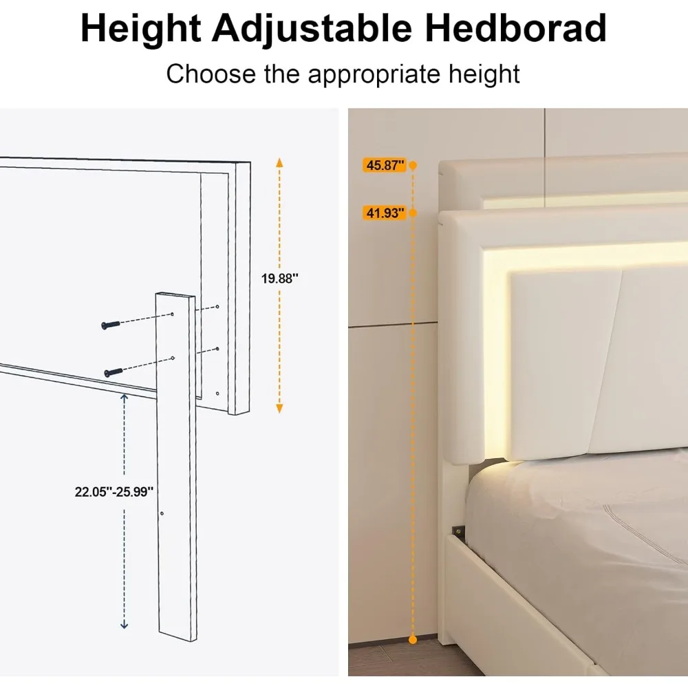 Queen Size Bed Frame with 4 Storage Drawers and LED Lights, Upholstered Platform Bed with Adjustable Headboard 4
