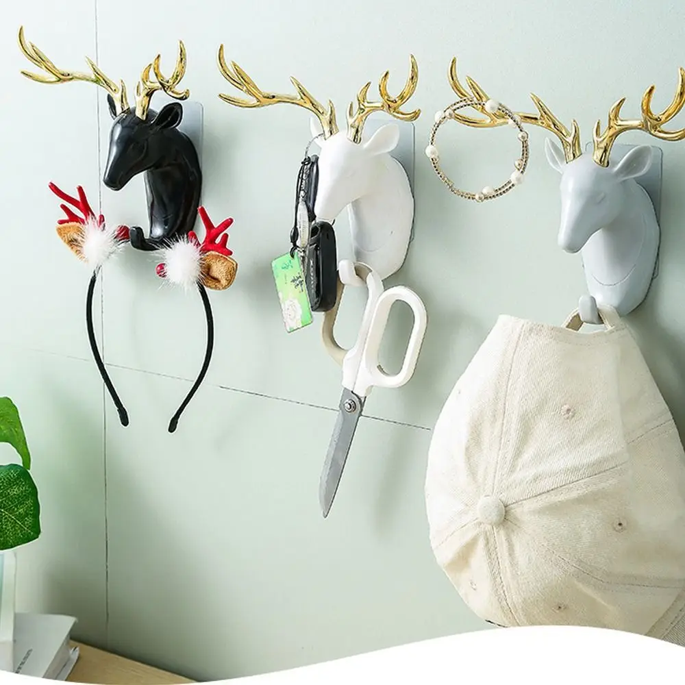 New ABS Deer Head Hanging Hook Animal Wall-Mounted Deer Antler Decoration Hook No-mark Installation Hat Key Hanger