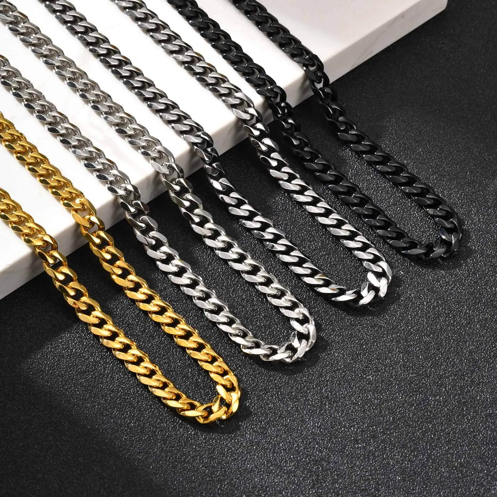 Classic Punk Cuban Chain Necklace for Men Women,Stainless Steel Grey Silver Gold Black Color Chain Link Collar,Wholesale Chain