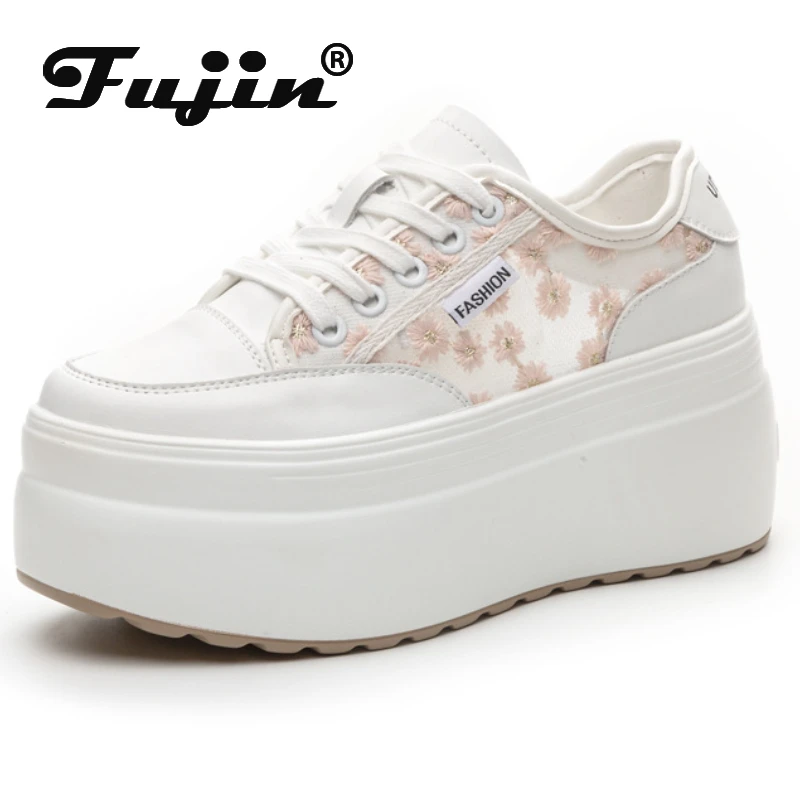 

Fujin 8cm Air Mesh Genuine Leather Embroider Women Breathable Hollow Chunky Sneaker Platform Wedge Flats Shoes Summer Sandals