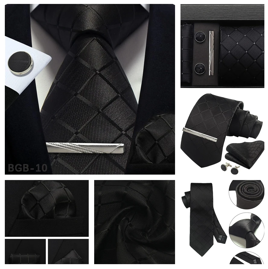 Luxuriöses 8CM Herren-Seidenkrawatten-Set mit Karomuster & Einstecktuch, Manschettenknöpfen, Krawattenklammer und Geschenkbox für den Mann, Bräutigam, formelle Anlässe, Business, Jacquard – Detail 20