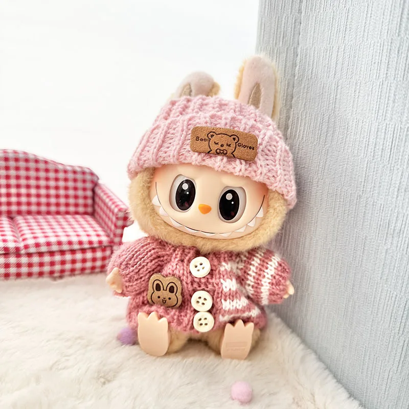 Labubu Clothes for Labubu Accessories Outfit 17cm Dolls Clothing Labubu Clothes Pink Designer Doll Sweater Hat Bag Set 5