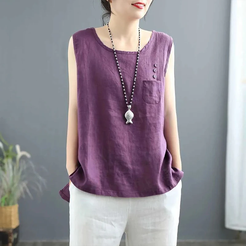 

Women's Spaghetti Strap Tank Top Linen Vintage Solid Elegant Casual Sleeveless Plus Size Vest Top Summer O-Neck Loose T-shirt