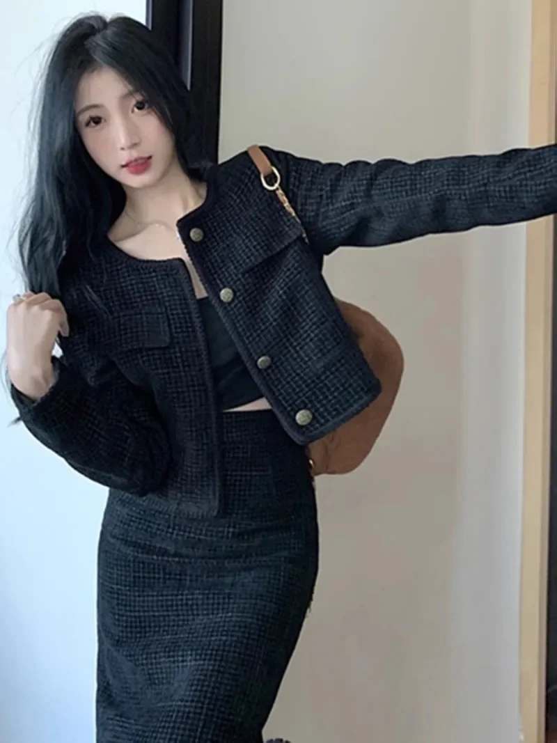 

Women Fragrant Coat Skirt Suit Long Sleeve O-Neck Top Autumn Female High Waist Slim Skirts Two Piece Set Winter Ladylike Clothes