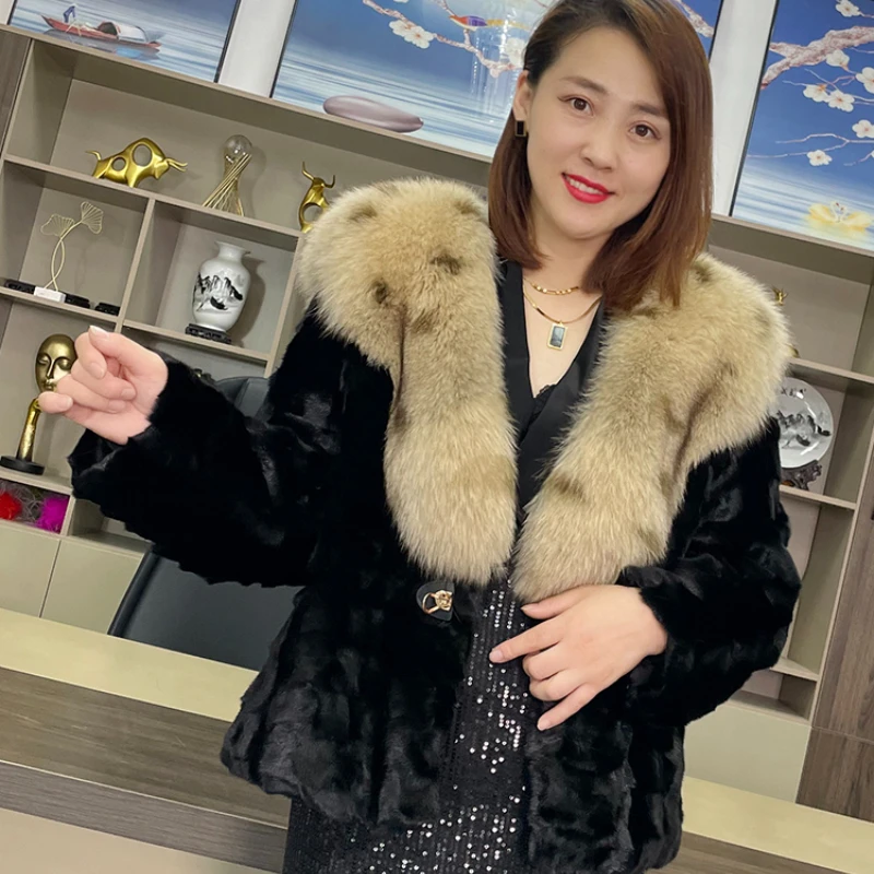 

2023 New Fashion Natural Real Mink Coat Big Fox Fur Collar Witner Jacket Women Thick Warm Luxury Brand Outerwear Streetwear