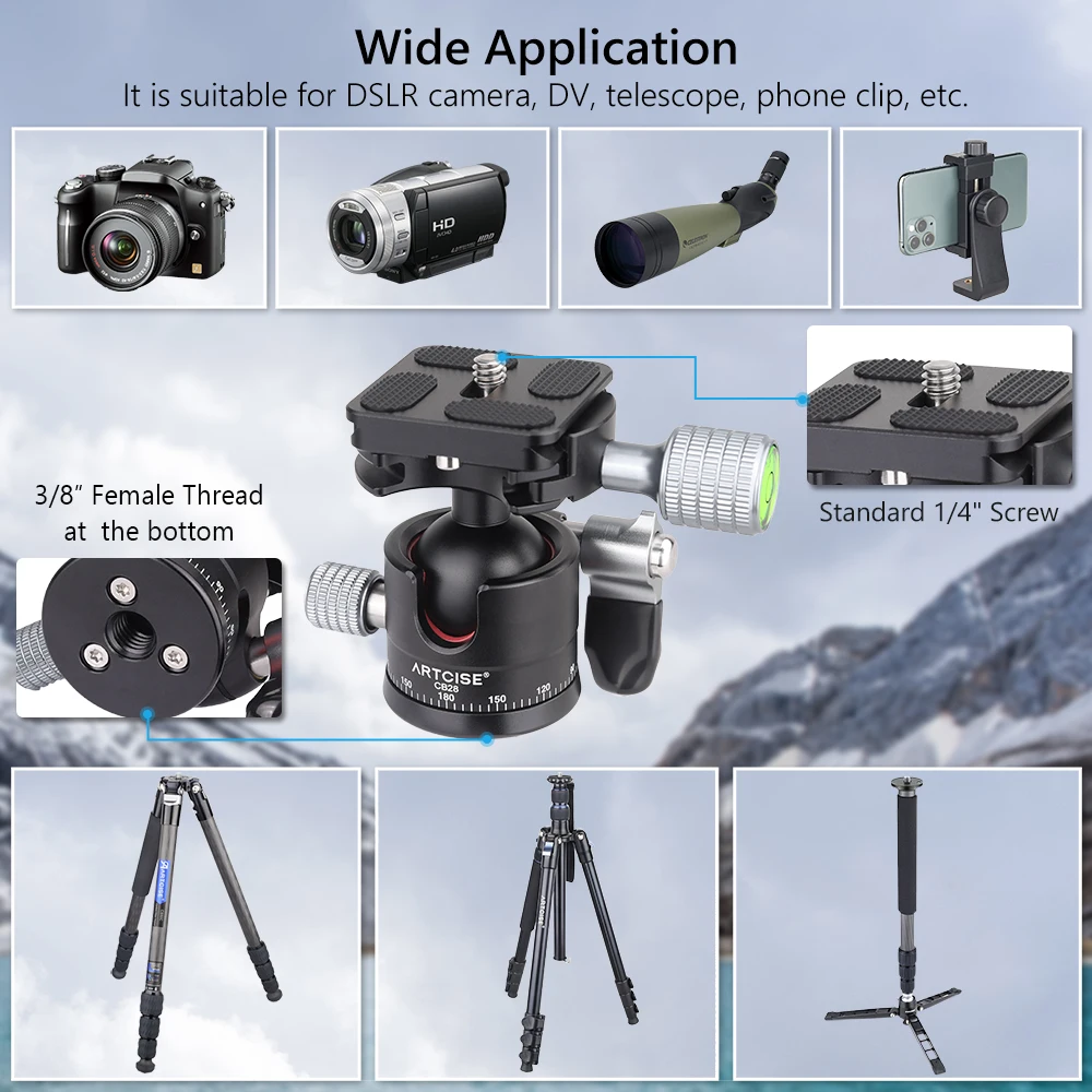 ARTCISE CB28 Low Profile 360 Panoramic Photography CNC Metal Professional Universal 28mm Ballhead For Video DSLR Tripod Monopod