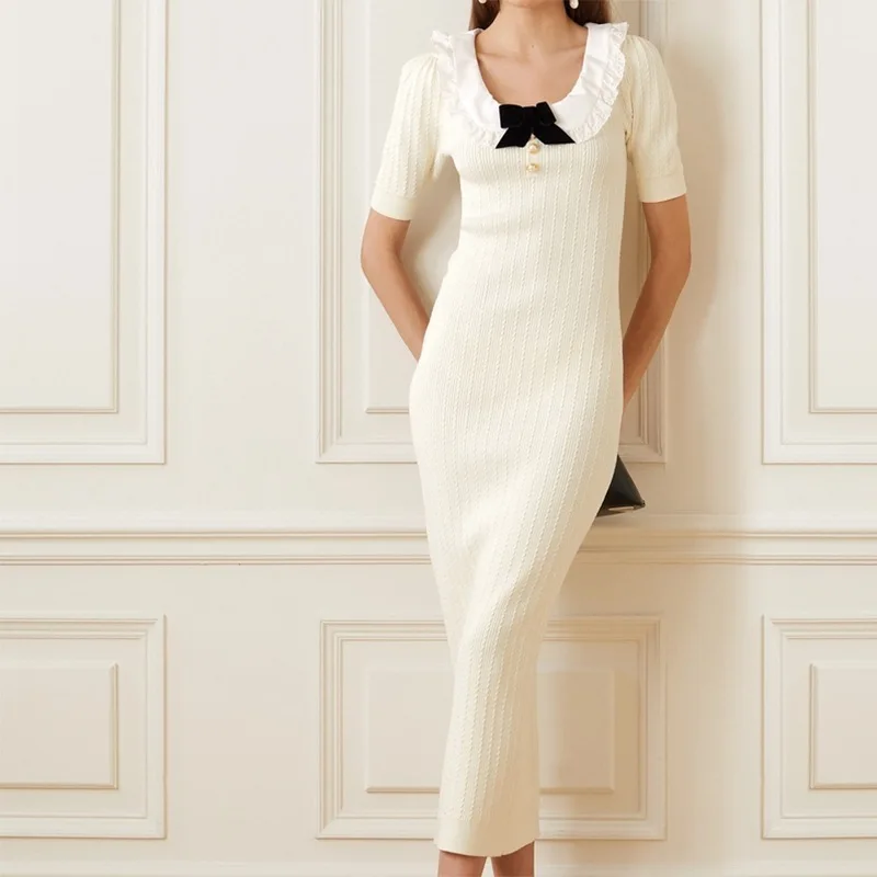 

2024 New Luxury Fashion Small Fragrance Style Women Knitted Dress Slim Hip White Collar Short Sleeve Slim Bodycon Long Dress