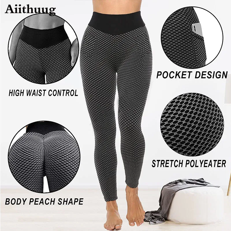 Aiithuug Women High Waist Yoga Pants with Pockets Ruched Butt Lifting  Leggings Textured Squat Proof Tummy Control Booty Tights - AliExpress