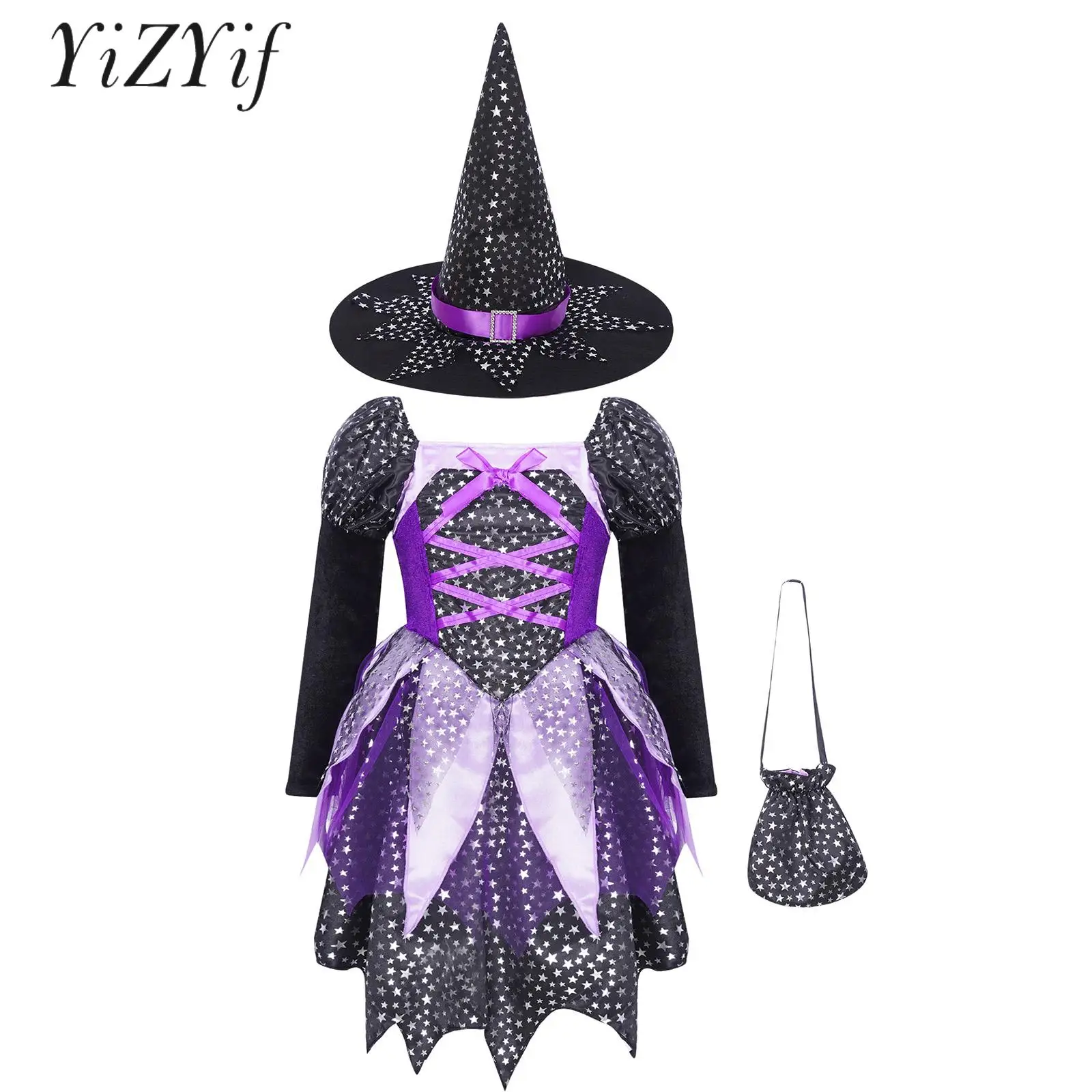 

Kids Girls Halloween Witch Cosplay Costume Shiny Stars Tutus Princess Fancy Dress with Pointed Hat Wand Candy Bag Set Dress Up