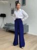 Clacive Blue Office Women'S Pants 2021 Fashion Loose Full Length Ladies Trousers Casual High Waist Wide Pants For Women 4