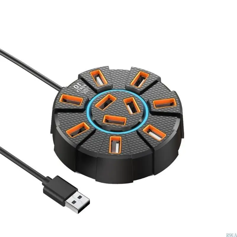 R9UA USB Docking Station Expansion Dock 10 Port USB Hub with Light 120cm Cable Extension Data Transfer Expander