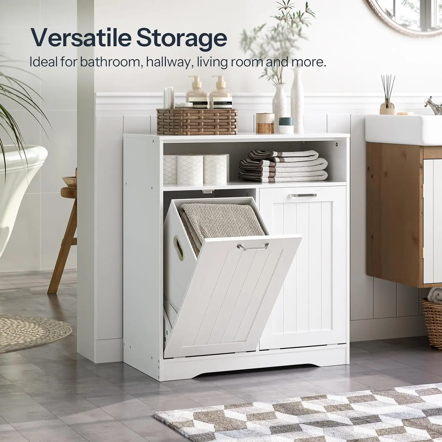 Double Tilt Out Laundry Hamper Cabinet with Open Shelving and 2Removable Baskets Farmhouse Bathroom Cabinet with Hidden Laundry