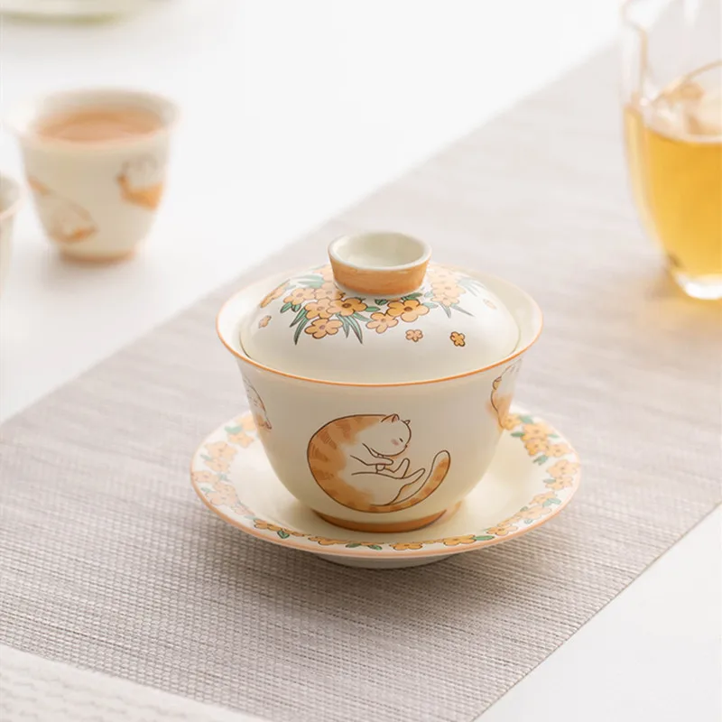 Chinese Hand-painted Cute Cat Gaiwan Handmade Ceramic Tea Tureen Teacup Household Tea Bowl Travel Portable Set Accessories