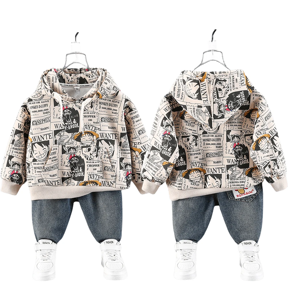 

Anime One Piece Monkey D Luffy Boys Cartoon Printing Hooded Fashion Leisure Hooded Tops Trousers Long Sleeved Pants