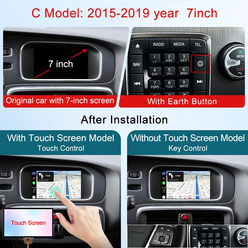 STWEI 무선 Carplay 안드로이드 자동 모듈 볼보 XC60 XC70 S60 S80 V60 V70 V40 2011-2019 스크린 터치 블루투스 음악