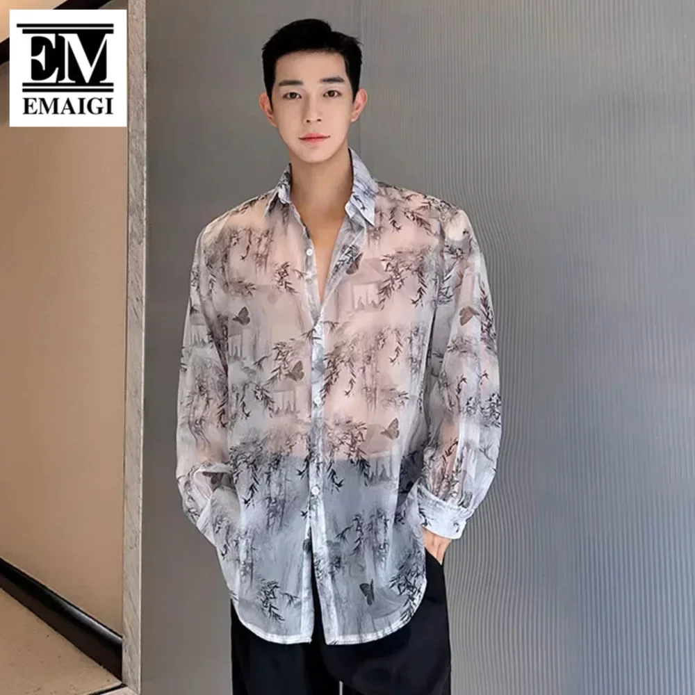 Men See Through Lightweight Loose Casual Vintage Print Long Sleeve Party Dress Shirts Beach Blouses Man Performance Costumes