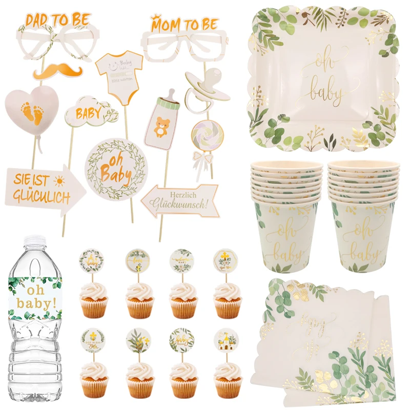 Oh Baby Photo Booth Requisiten Geschirr Cupcake Topper Wasserflasche Papieraufkleber Babyparty Party Kinder Alles Gute zum Geburtstag Zubehör
