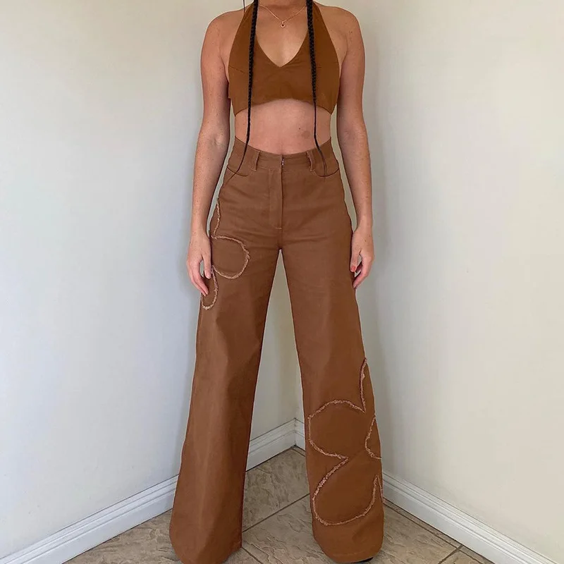 

Women Brown Vintage 90s Loose Long Pants Aesthetic Baggy Jeans Flower High Waist Ladies Straight Denim Trousers Streetwear 2023