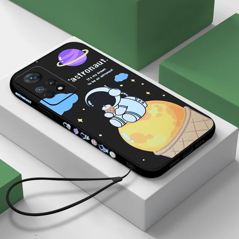 

Astronaut Lanyard Phone Case For Xiaomi 11 Lite 10T Poco X3 Pro Redmi Note 10 9 Pro 11S 10S 8 9A 9T Bumper Soft Silicone Cover