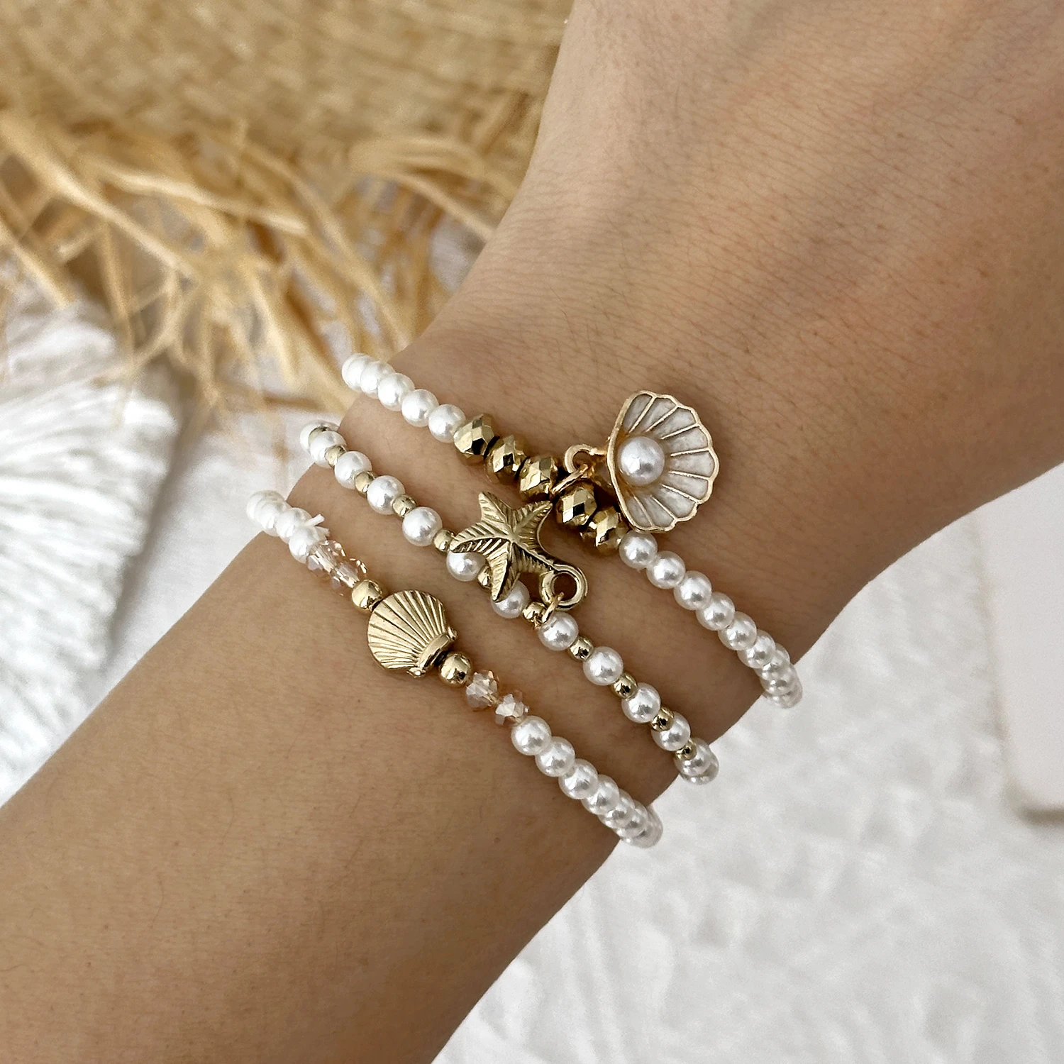 3-teiliges klassisches Metall-Seestern-Muschel-Armband-Set für Damen, handgefertigte Imitationsperlen-Perlenarmbänder, Sommer-Schmuckgeschenke – Detail 2