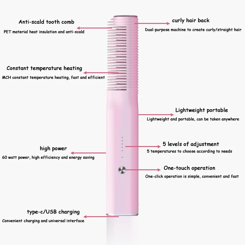 Cordless Hair Straightener Brush 5 temperature setting USB Rechargeable Hair Straightener Comb Fast Heating Styling Anti-Scald