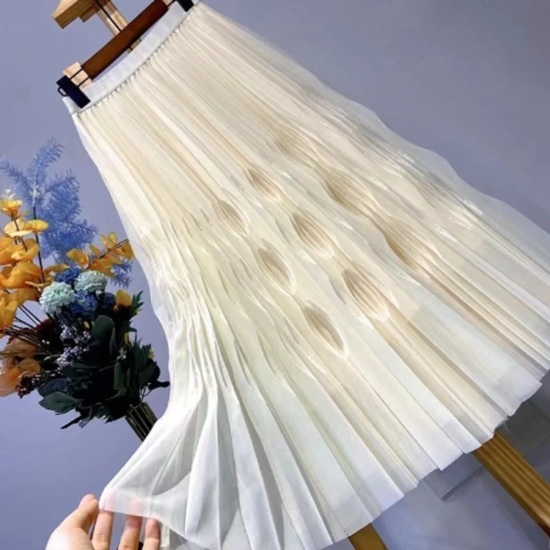 Fashion Solid Color Gauze Mesh Slim Sagging Sensation Pleated Skirt Women High Classic Pleated Elasticity Casual Lady Skirt mini skirt white office lady fashion suits female palace luxury korean temperament shirt jacket pleated skirt of tall waist