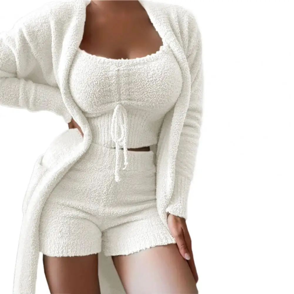 1 Set Top Shorts Coat Solid Color Plush Three-piece Temperament Thick Sleepwear Set for Sleeping womens two peice sets matching workout sets Women's Sets