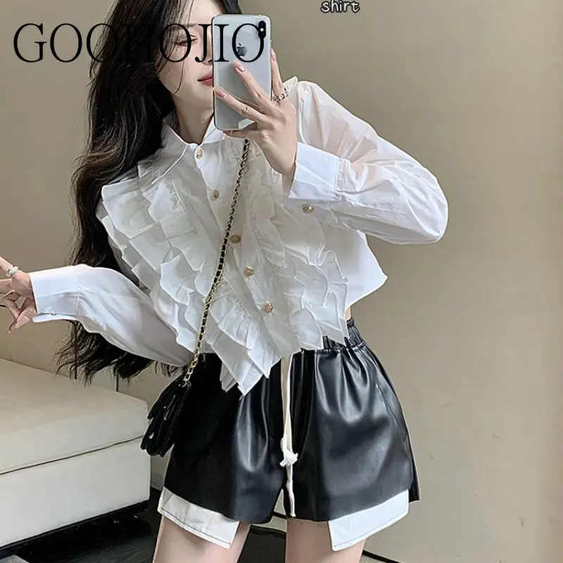 

Универсальная модная блузка на весну и осень, женский топ, модная шифоновая верхняя одежда в стиле ретро с коротким рукавом, женские топы с оборками