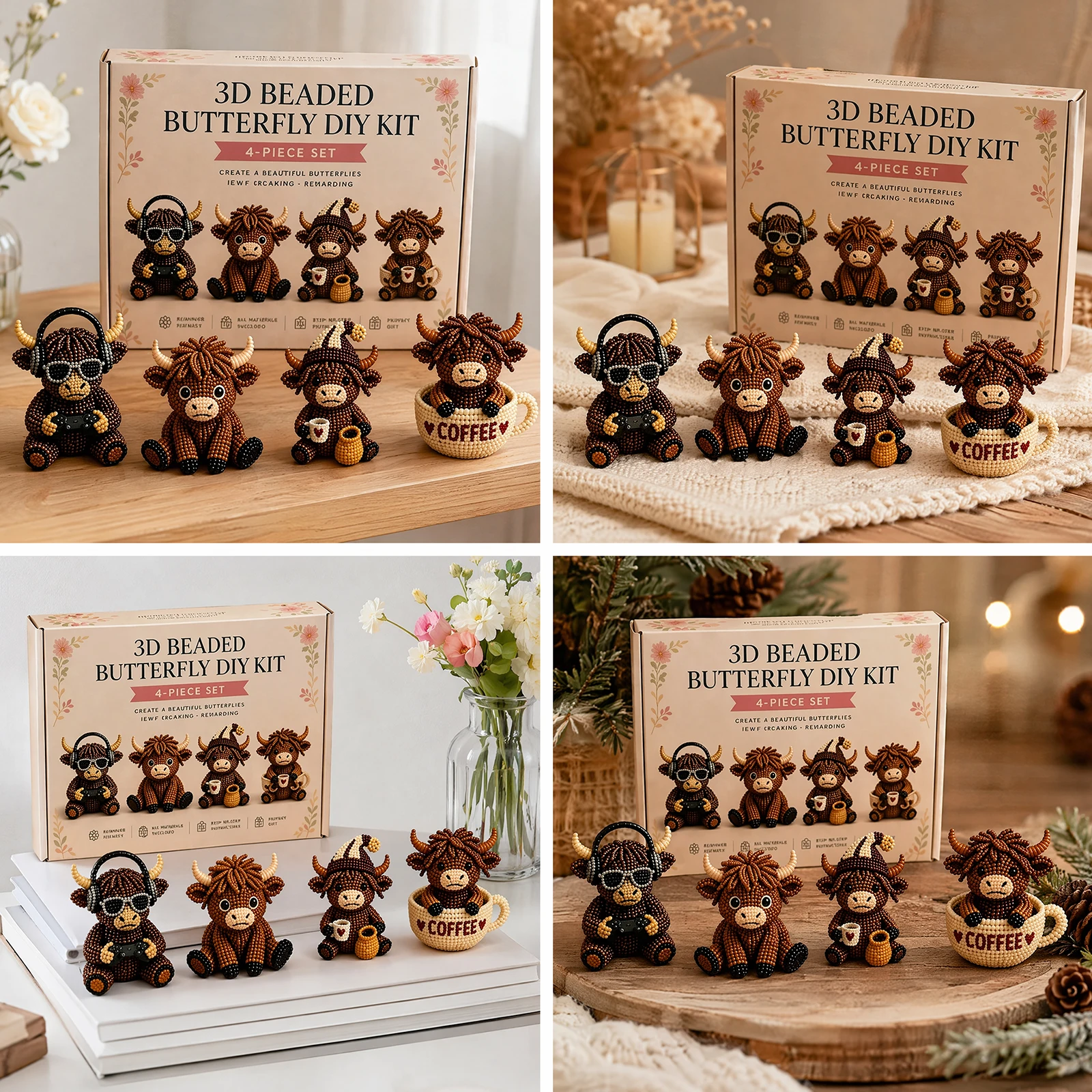 3D DIY 비즈 동물 만들기 키트 4개 귀여운 하이랜드 소 수제 비즈 아트 키트 비딩 아트 세트 초보자 및 공예 애호가용