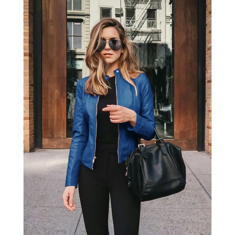 Abrigo de invierno para mujer, chaqueta de PU ajustada con cuello vuelto, abrigo estilo callejero, chaqueta lisa con cremallera, manga larga, cuero corto_voghion.com