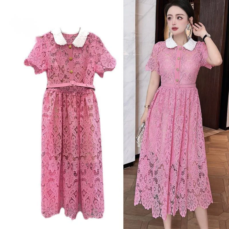 

Women Summer Vintage Elegant Embroidery Hollow Out Midi A Line Lace Dress Office Lady Prom Evening Vestidos With Belt Elbise Za