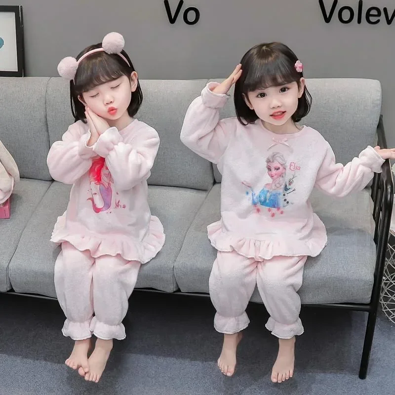 

Disney Elsa Ariel Children's Pajamas Autumn Winter New Cute Cartoon Western Style Coral Fleece Plus Velvet Girl's Home Clothes