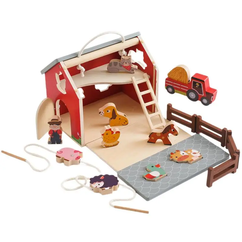 

Montessori Toys Wooden Simulated Farm Setting Scene Toys Shape Matching Animal Threading Toys Children Puzzle Blocks