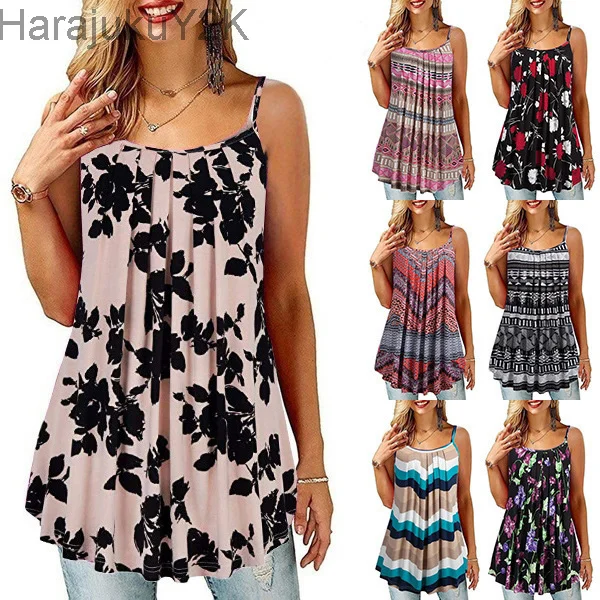 

Women Summer Sleeveless Tops Bohemian Style O Neck Spaghetti Strap Vest Large Size Casual Flower Printed Female Loose Tank Top