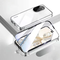 Ultra - Slim Magnetic Glass Case - 360° Full Protection with Leather Back Cover for Honor 200 Pro (Clear - Silver)