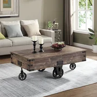 Factory Cart Coffee Table, Vintage Center Table with Wheels for Living Room, Rectangular, Wood 1