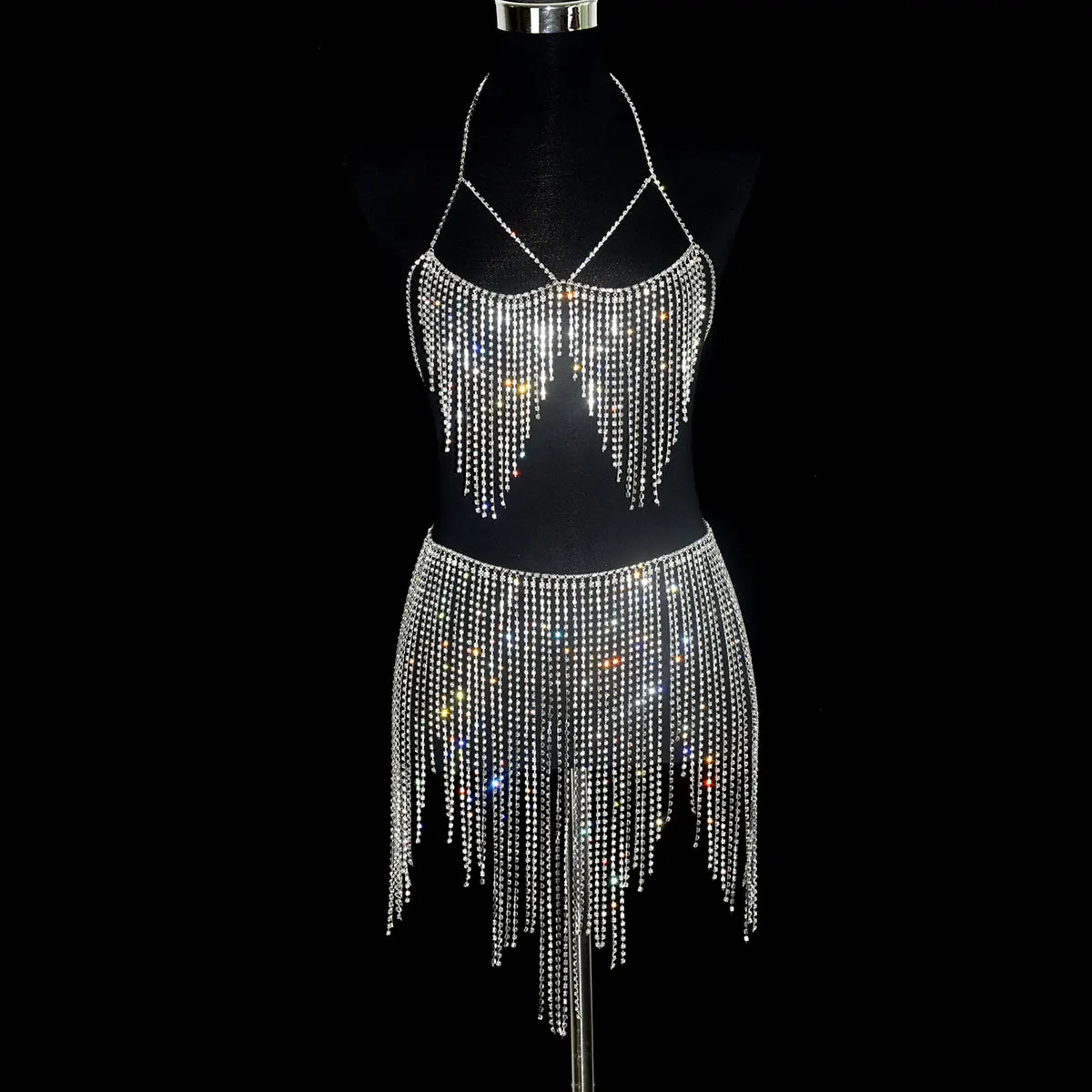 

Luxury Shiny Rhinestone Breast Bikini Bra Body Chain Women's Sexy Top Tassel Skirt Belly Waist Chain Dance Party Dresses Jewelry