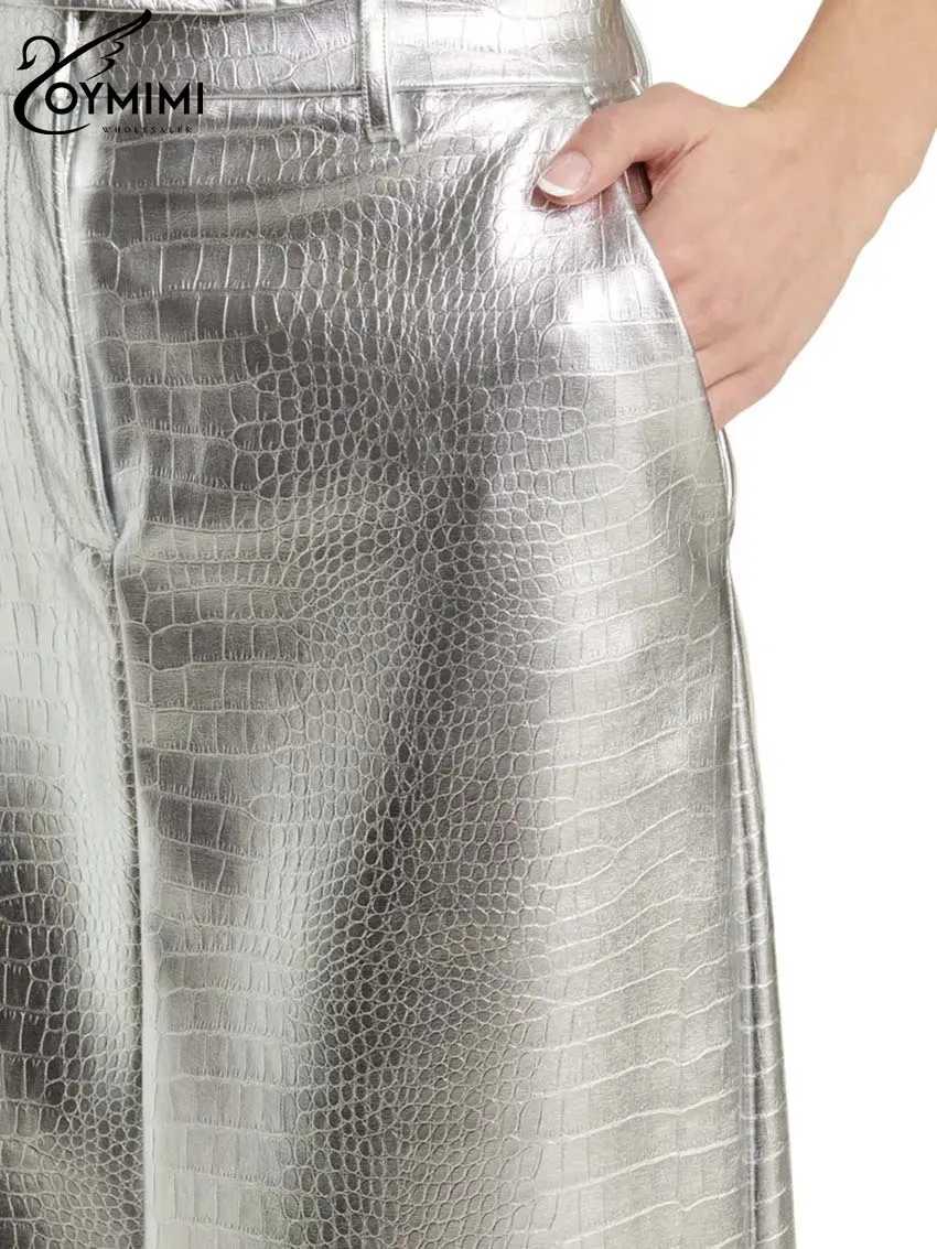 Oymimi Fashion Silver Pu Leather Skirts For Women Elegant Straight Ankle-Length Skirts Streetwear Vintage High Waist Zipper Skir