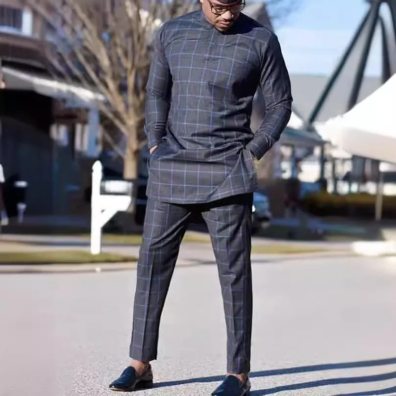 Men's chic and casual black geometric print long sleeve two-piece set