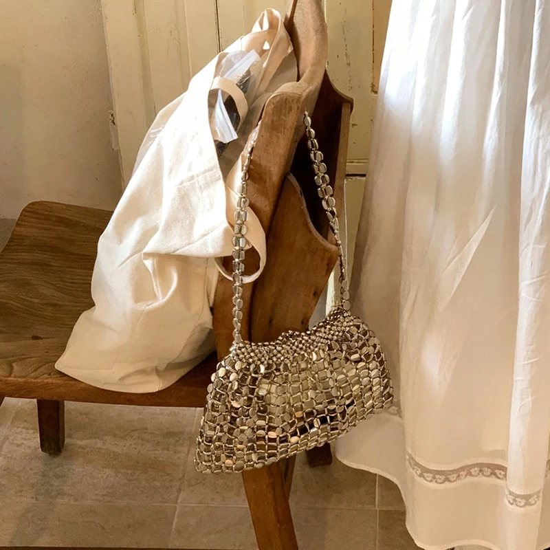 Women Summer Woven Hand Bag Luxury Design Hollow-out Silver Hand Woven Single Shoulder Underarm Bag