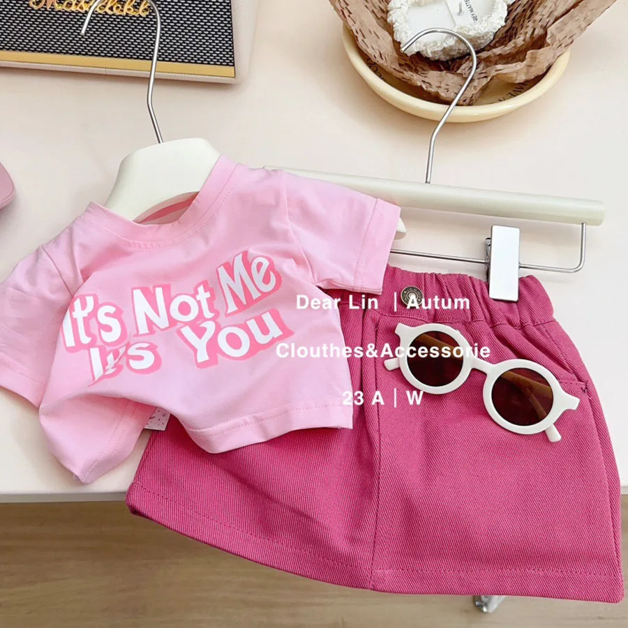

Summer Pink Little Girls Children Clothing Set Two 2 Piece Set Top+skirts Baby Clothes Kids Birthday Outfits For Women