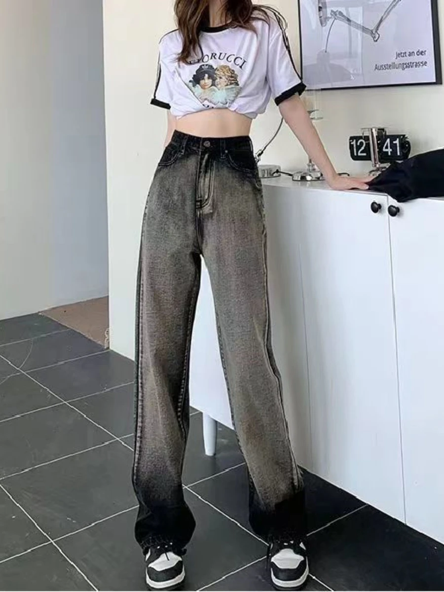 Streetwear Y2k ChicTrend Contrast Women's Jeans Baggy High American Retro Wash Straight Wide Leg Denim Pants Trousers Female